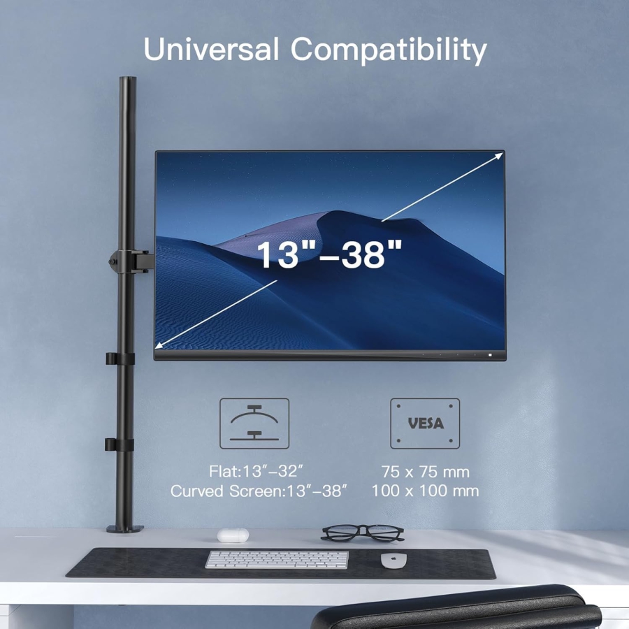 HUANUO Monitor Arm - 1 Monitor - [13–32"] - Extra-High 101cm Column / up to 10kg (Ergonomic Solution for Sit-Stand Workstations: 1010 mm Pole for Flexible Height Adjustment up to 10 kg)